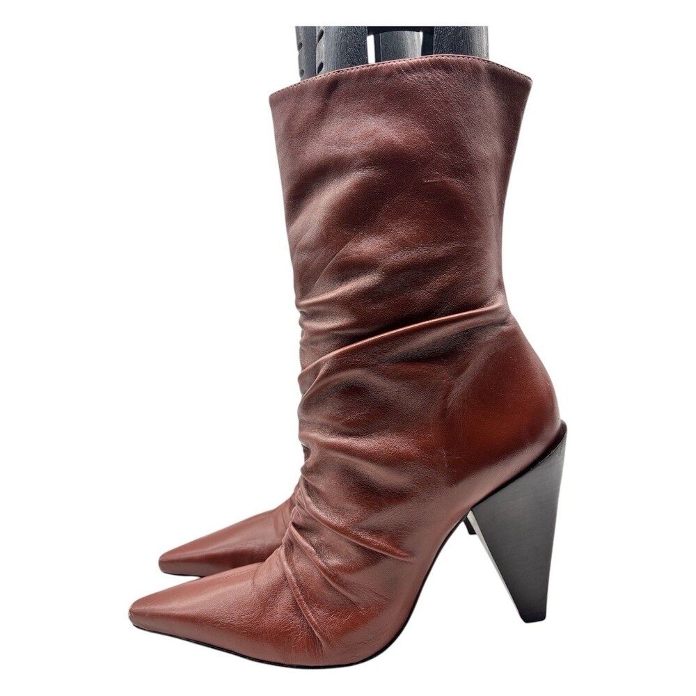 SCHUTZ Lynn Ruched Boots Leather Pointed-Toe Brown Women’s Sz 9.5 B